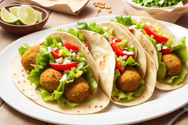 Um prato de tacos de falafel com alface e tomate.