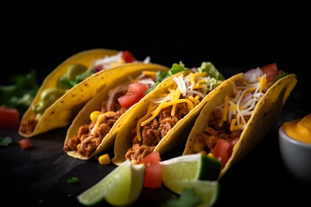 Um prato de tacos mexicanos com carne um monte de milho e coentro em fundo de madeira