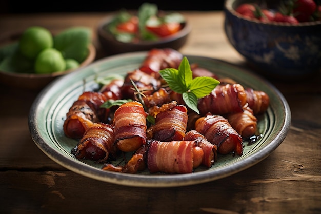 Um prato de tâmaras e conchas embrulhadas em bacon