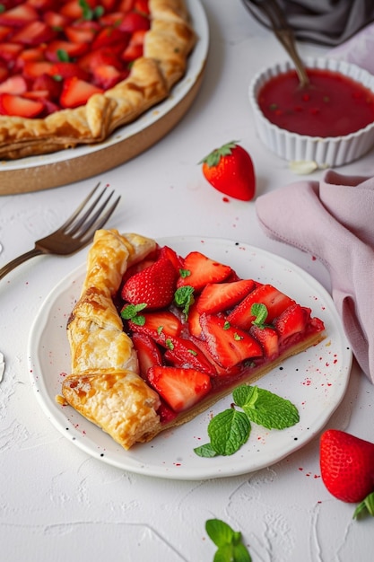 Foto um prato de tartes com morangos e uma chávena de café