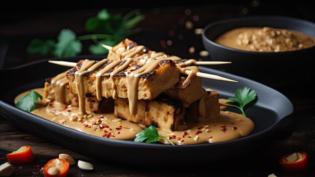 Um prato de tofu com molho e uma tigela de molho