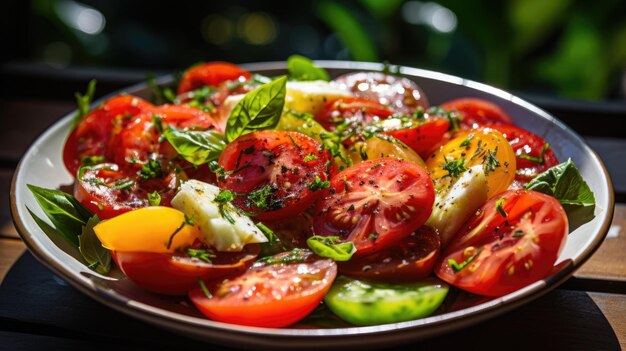 Um prato de tomate e manjericão