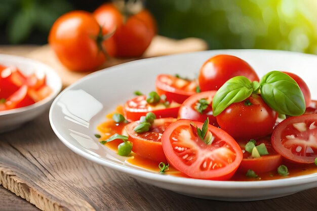 Um prato de tomates com cebolinha ao lado