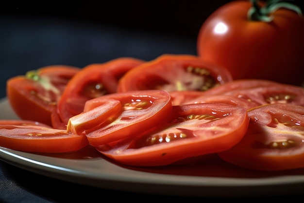 Um prato de tomates fatiados em uma IA generativa de mesa