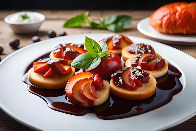 Um prato de torta de morango com calda de morango