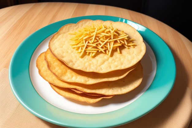 Um prato de tortilhas com queijo por cima