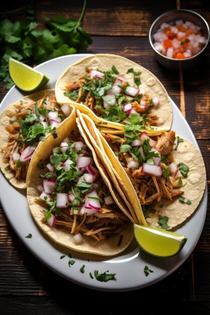 Um prato de três tacos mexicanos com salsa de porco e fendas de limão