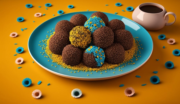 Um prato de trufas de chocolate com confeitos azuis e amarelos por cima.