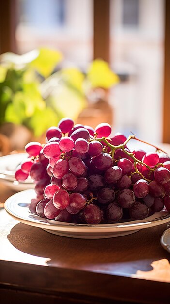 um prato de uvas sobre uma mesa