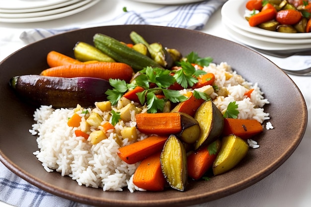 Um prato de vegetais assados com arroz branco