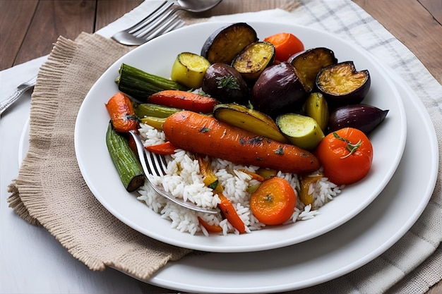 Um prato de vegetais assados com arroz branco