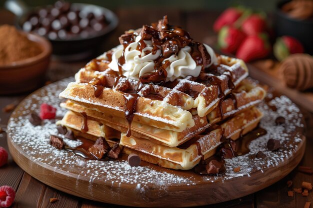 Um prato de waffles coberto com nata batida e molho de chocolate