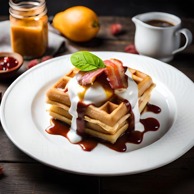 Um prato de waffles com bacon e uma xícara de café.