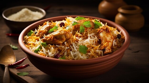 Um prato de Yammy e delicioso Biryani bem cozido com especiarias