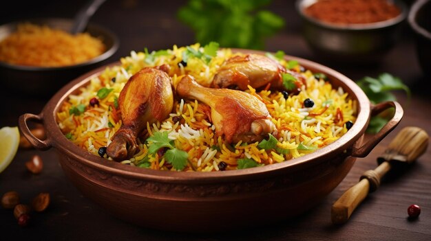 Um prato de Yammy e delicioso Biryani bem cozido com especiarias