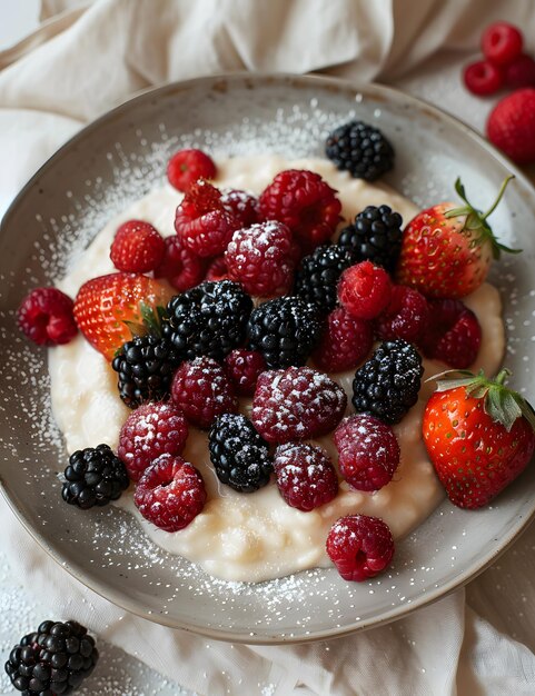 Foto um prato delicioso com bagas, açúcar em pó e um belo revestimento.