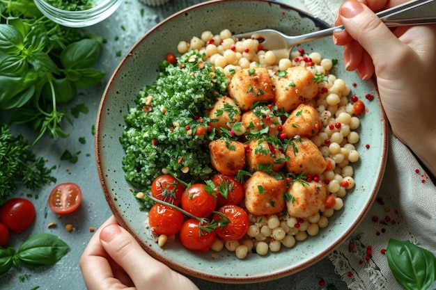 Um prato especial com carne e legumes e mingau em um prato na mesa