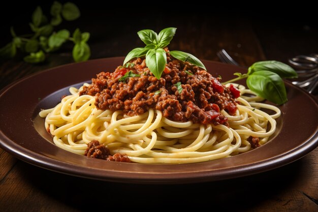 Um prato italiano tradicional de espaguete bolognese com um rico molho de carne generosamente cobrindo cada pão