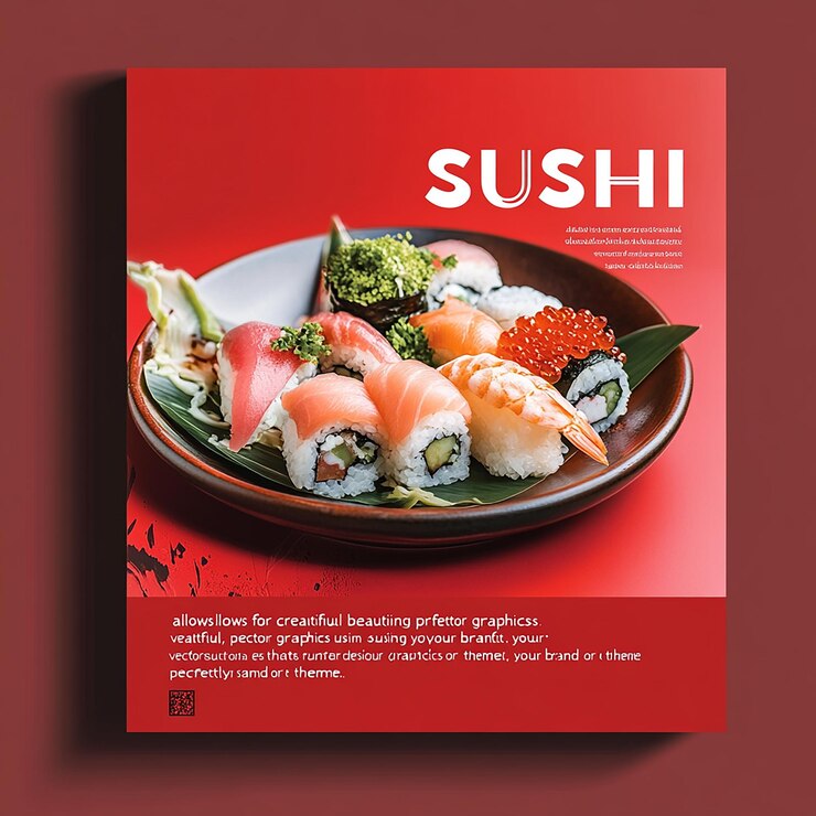 Foto um prato japonês de sushi no menu cad e um fundo vermelho