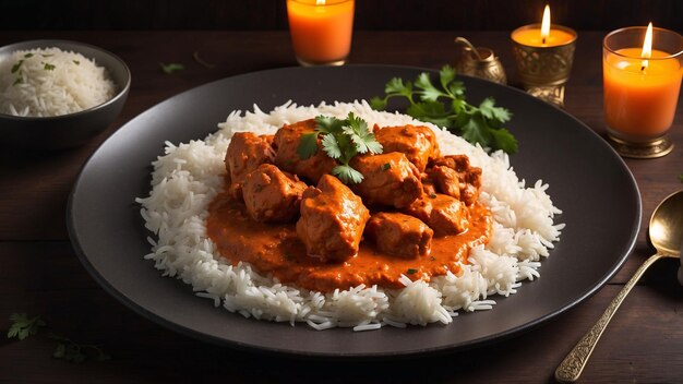 Um prato lindamente apresentado de frango Tikka Masala o vibrante tom laranja do molho contrasta