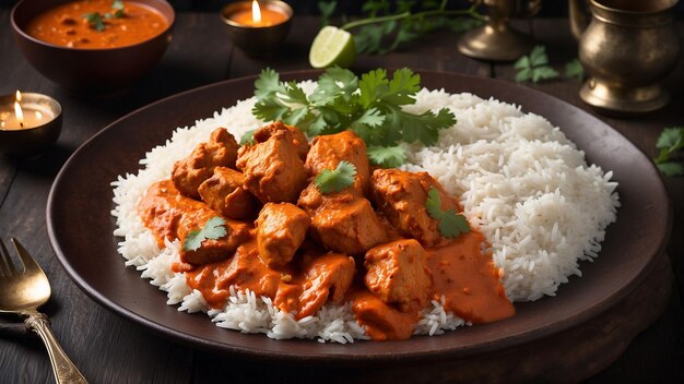 Um prato lindamente apresentado de frango Tikka Masala o vibrante tom laranja do molho contrasta