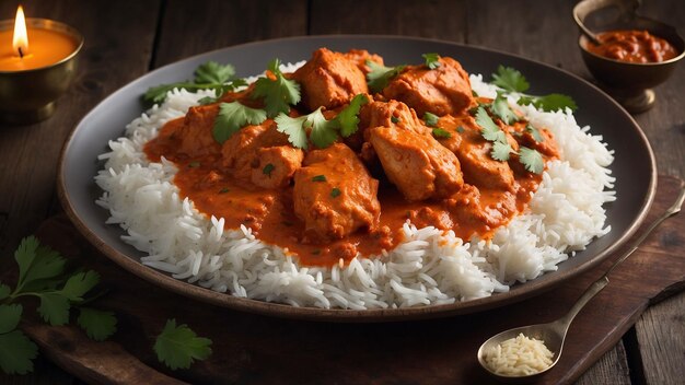 Um prato lindamente apresentado de frango Tikka Masala o vibrante tom laranja do molho contrasta