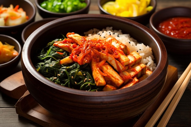 Um prato nutritivo de Bibimbap vegano com tofu e kimchi