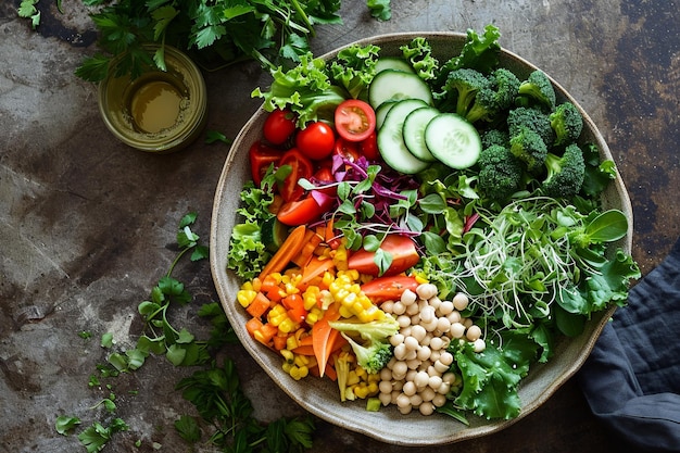 Foto um prato nutritivo de salada com verduras frescas e coberturas de proteínas