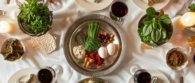 Foto um prato ornamentado de seder de páscoa com alimentos tradicionais flanqueados por matzah e vinho capturando a essência do feriado