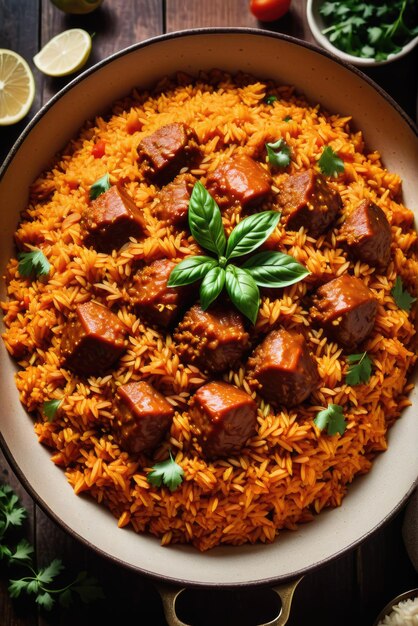 Foto um prato popular feito com arroz cozido em um saboroso molho à base de tomate