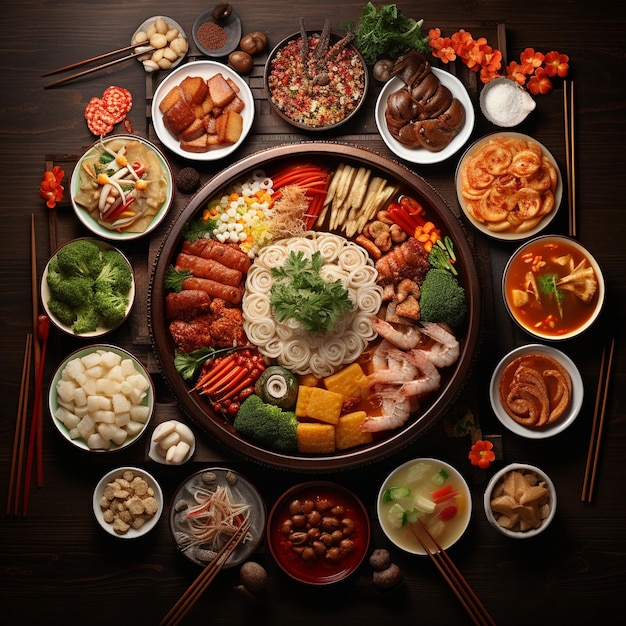 um prato redondo com uma variedade de alimentos, incluindo arroz, carne e vegetais.