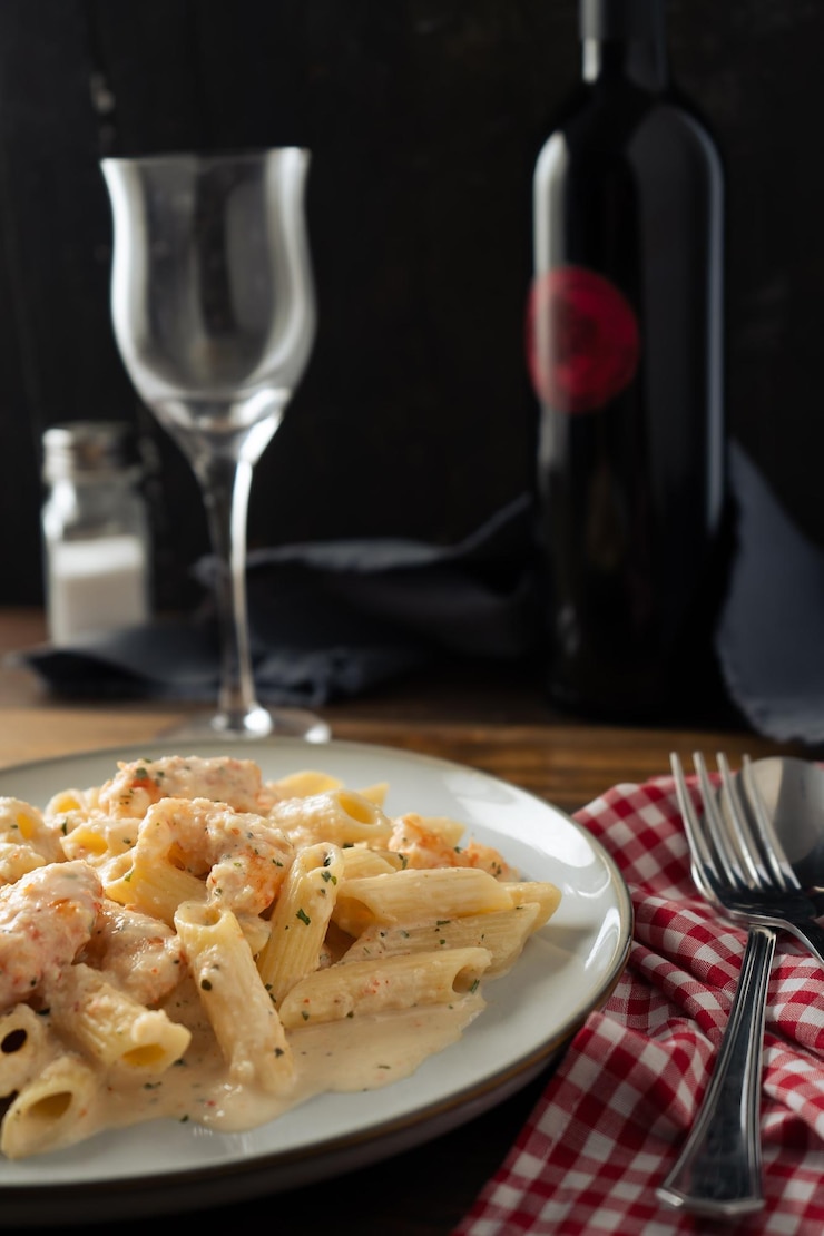 Foto um prato requintado de macarrão penne rigate com um delicioso camarão e creme de camarão servido em uma mesa de natureza morta