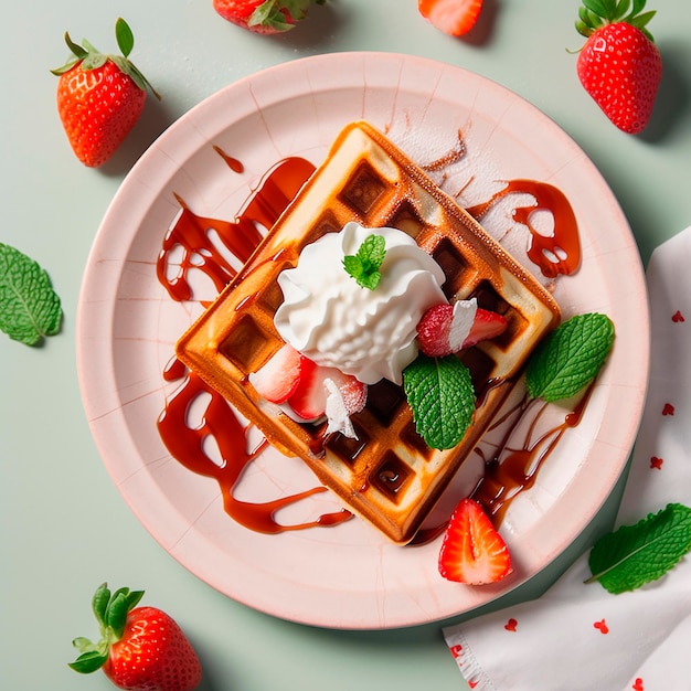 Foto um prato rosa com waffles e morangos