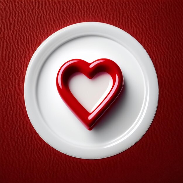 Um prato vermelho com um coração e um prato branco à direita.
