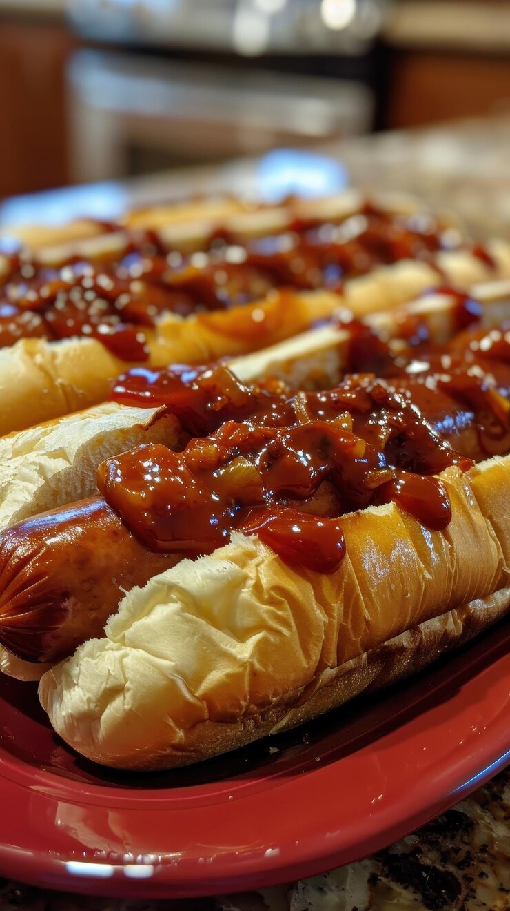 Foto um prato vermelho contém vários cachorros-quentes cobertos de ketchup criando uma refeição deliciosa e deliciosa que com certeza satisfará qualquer apetite ar 916 estilizar 250 id de trabalho 4f2d904ec8d84356844fc3a93e1a1c34