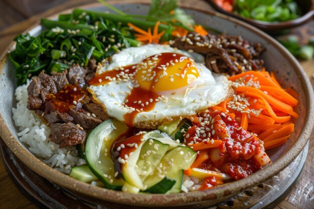 Foto um prato vibrante de bibimbap coreano com um arranjo colorido de legumes