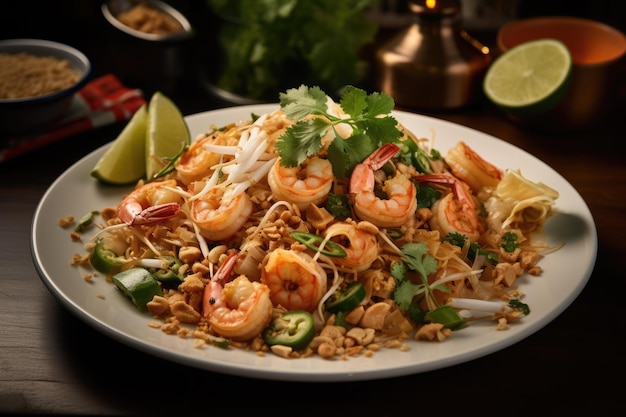 um prato vibrante de Pad Thai apresentando macarrão de arroz frito com camarão ai gerado