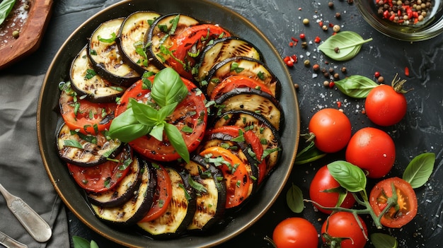 Um prato vibrante de ratatouille com berinjela de abóbora e tomate