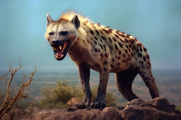 Foto um predador hiena com a boca aberta