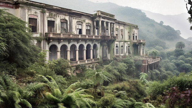 Um prédio abandonado nas montanhas com as palavras "o prédio fica à esquerda".