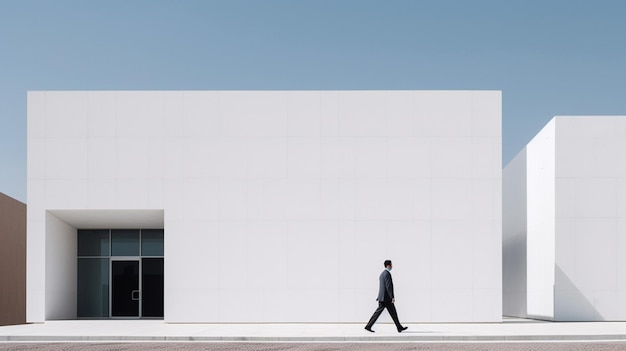 Foto um prédio branco com um homem andando na frente