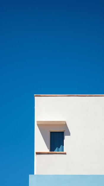 um prédio branco com uma janela e um céu azul