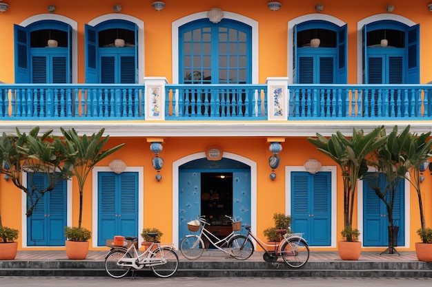 Um prédio com detalhes em azul e uma varanda com uma varanda e uma bicicleta na frente.