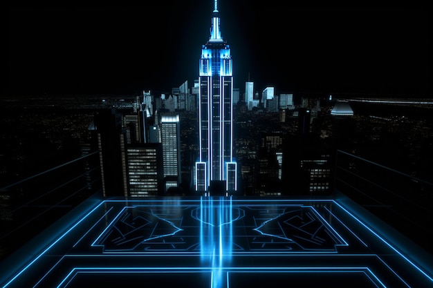 Um prédio com uma luz azul que diz Empire State Building nele