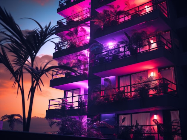 Foto um prédio de apartamentos com luzes rosa e roxas