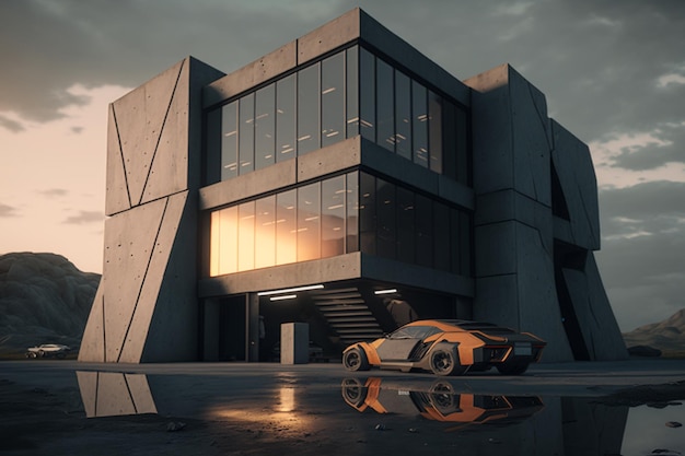 Um prédio futurista com um carro na frente