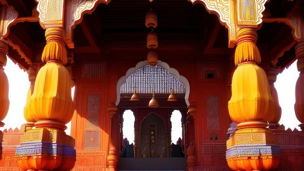 Um prédio vermelho e laranja com uma grande porta que diz 'jaisalmer' nela