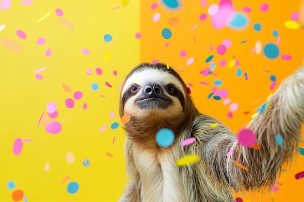 Foto um preguiçoso parecido com um primata está feliz em frente a uma parede amarela com confete festa de aniversário