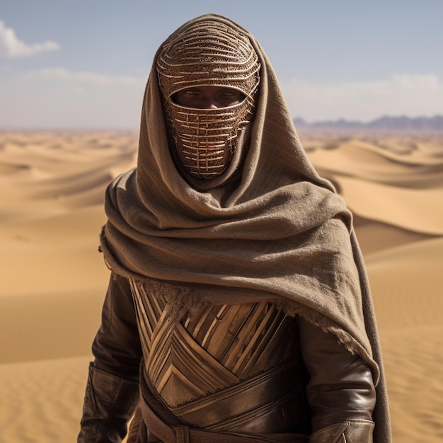 Um preocupação de combate no deserto vestindo roupas de metal pesado