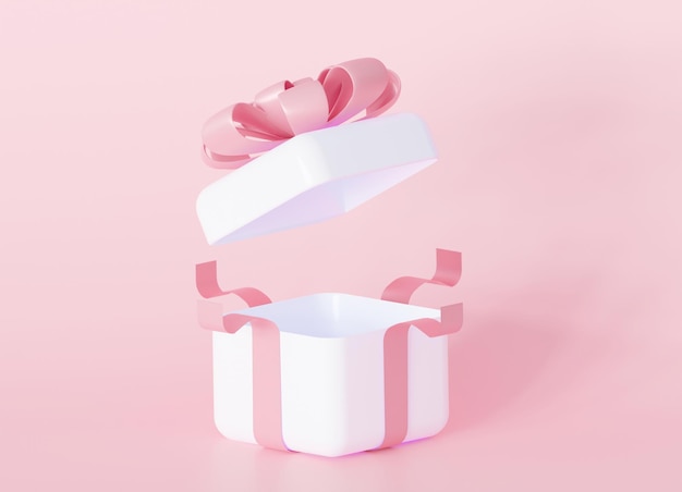 Um presente branco aberto com um lindo laço em um fundo rosa pastel. Renderização 3D.